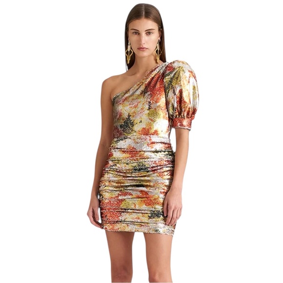 Ronny Kobo Collection Dresses & Skirts - Ronny Kobo Multicolor Sequin Mini Dress One Shoulder Ruched Bodycon Large